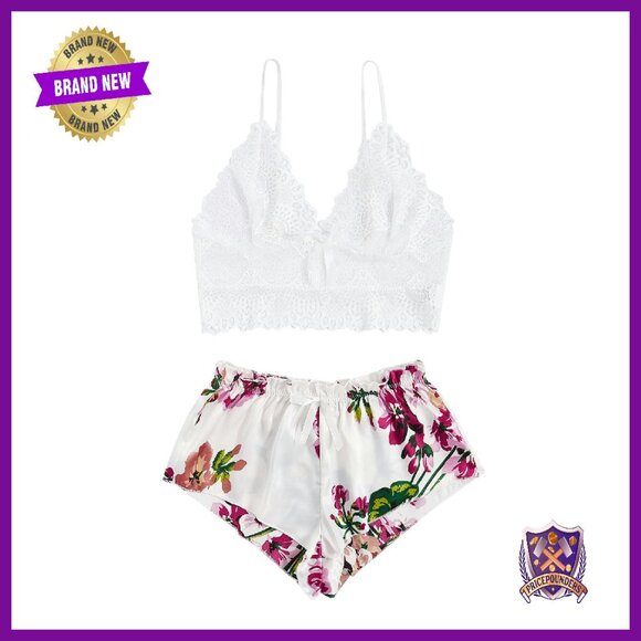 Floral Lace Cami Top & Satin Shorts Sleepwear Set - 2 Piece Pajamas